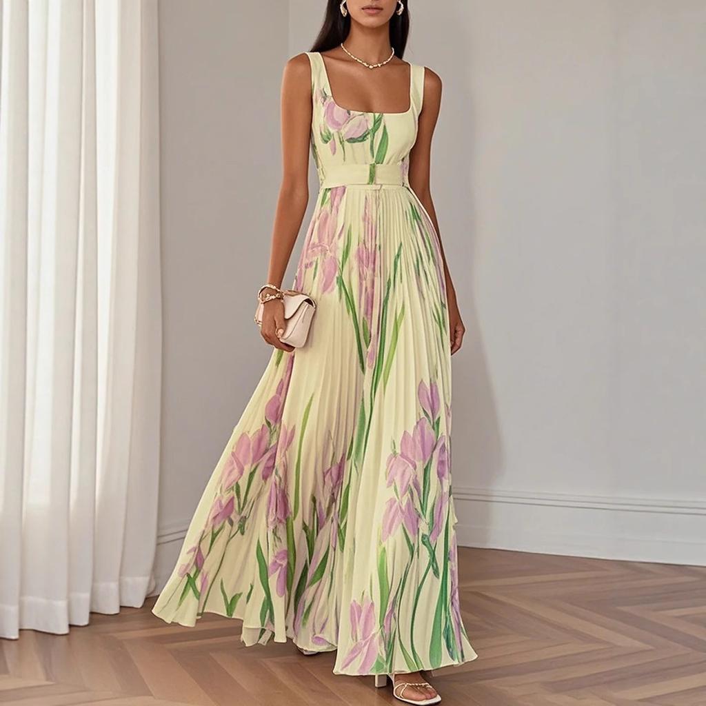 Women's Square Neck Sleeveless Floral Print Pleated Maxi Dress Elegant Backless A Line Long Dress For Wedding Guest Party Summer