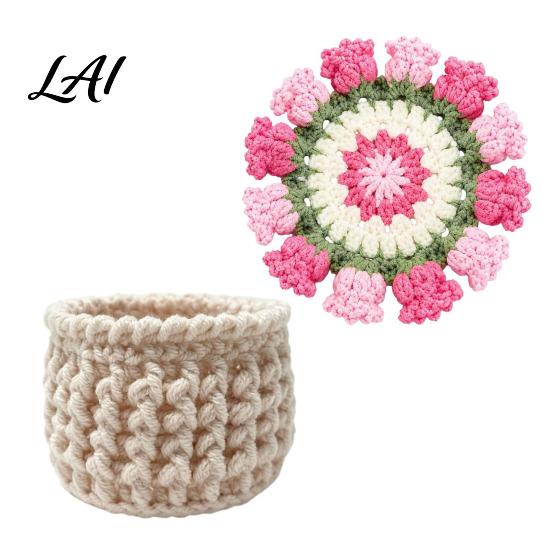 Botanical Room Decoration Crochet Flower Bouquet Coaster Handmade Knit Rose Mug Mat Transforms Into Bouquet 2-in-1 Decorative Plant Pot Display