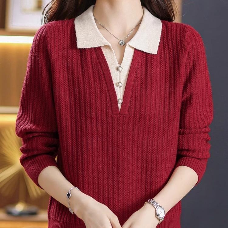 2in 1 Colorblock Collared Knitted Pullover, Casual Long Sleeve Button Front Top for Spring & Fall, Women's Clothing