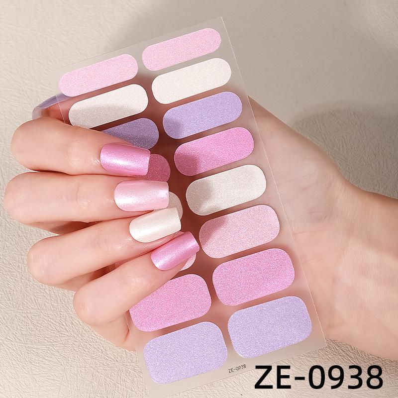 16Tips Pink Glitter Full Cover Nail Sticker Gradient Nail Polish Strips Long-Lasting Self Adhesive Manicure Art DIY Decoration
