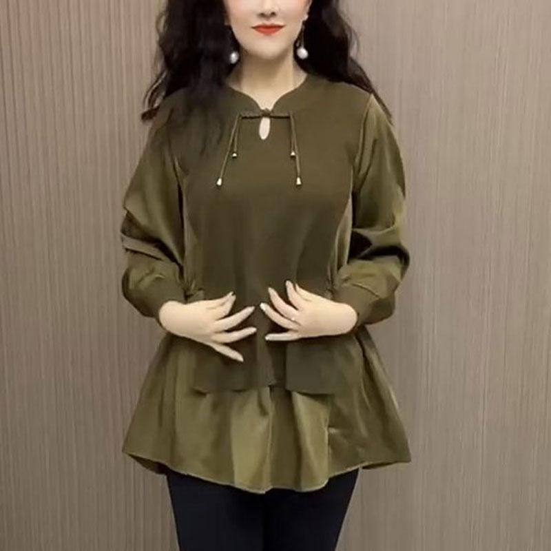 Fake Two Pieces Patchwork Loose Shirt Women's Clothing Casual V-Neck Spring Autumn Fashion Vintage Chinese Disc Buckle Blouse