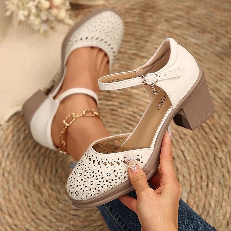 Fashion Ankle Strap High Heels Sandals for Women 2025 Summer Hollow Out Breathable Pumps Woman Comfortable Chunky Heeled Mary Jane Shoes