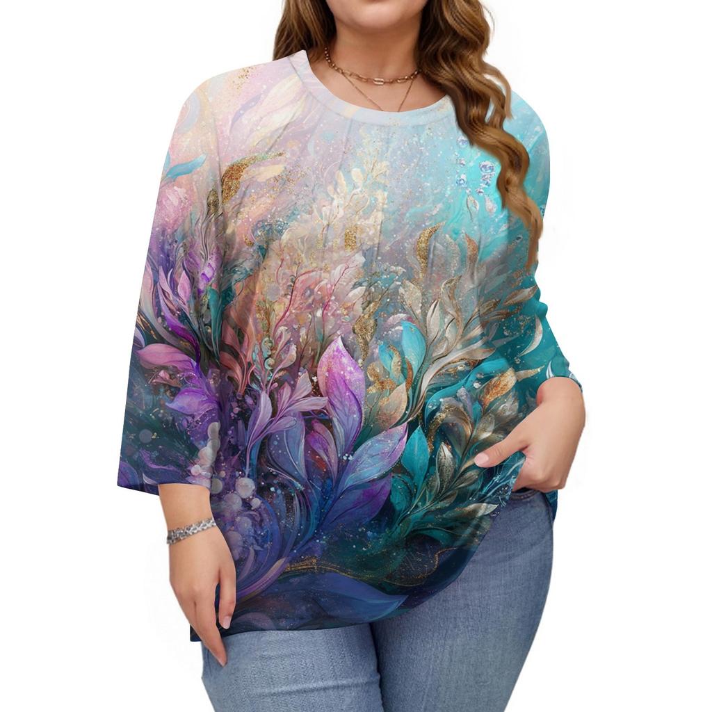Women's Print Round Neck Plus Size Tops 3/4 Sleeves Elegant Shirt Tops