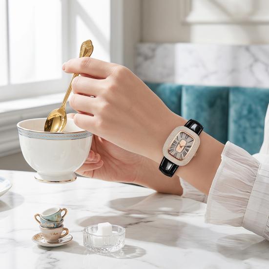 Women Vintage Petite Bracelet Dainty Watch Small Square Analog Quartz Watch Luxury Ladies Adjustable Leather Strap Rhinestones Wristwatch for Women