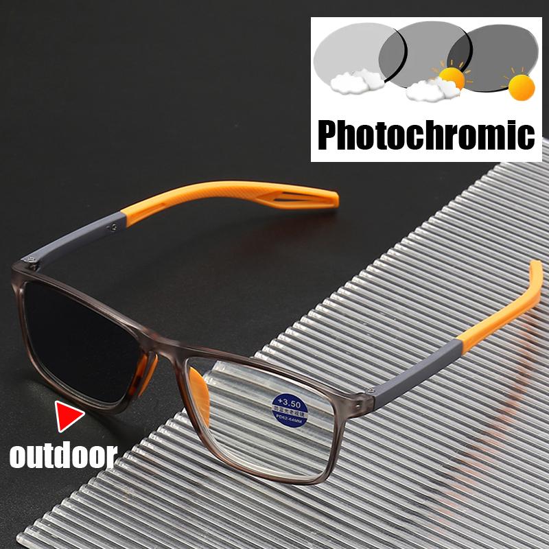 

Women Men Outdoor Color Changing Reading Glasses Vintage TR90 Sport Hyperopia Eyeglasses Finished Photochromic Sunglasses To+4.0