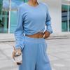 2 stk/sett Dame Topp Buksesett Rund Hals Langermet Uregelmessig Krysskant Genser Ensfarget Elastisk Høy midje Vide ben Bukser Sport Fitness