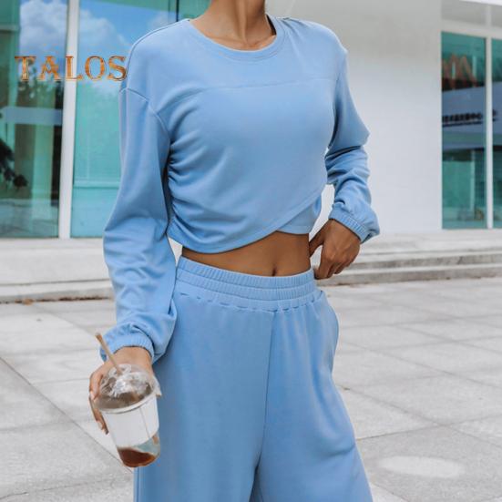 2 stk/sett Dame Topp Buksesett Rund Hals Langermet Uregelmessig Krysskant Genser Ensfarget Elastisk Høy midje Vide ben Bukser Sport Fitness