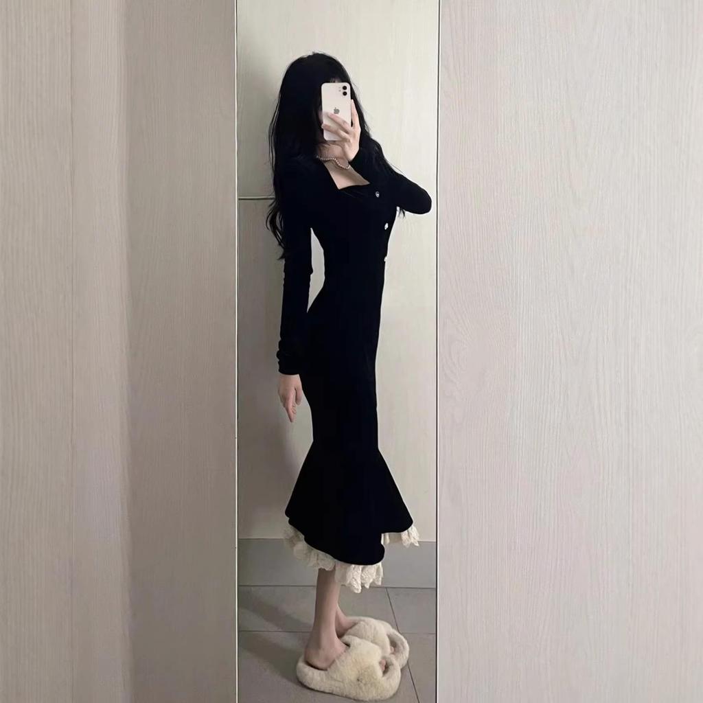 2026 High-End Autumn Mermaid Skirt with Ruffles Slim-Fit Retro Drape Dress for Women