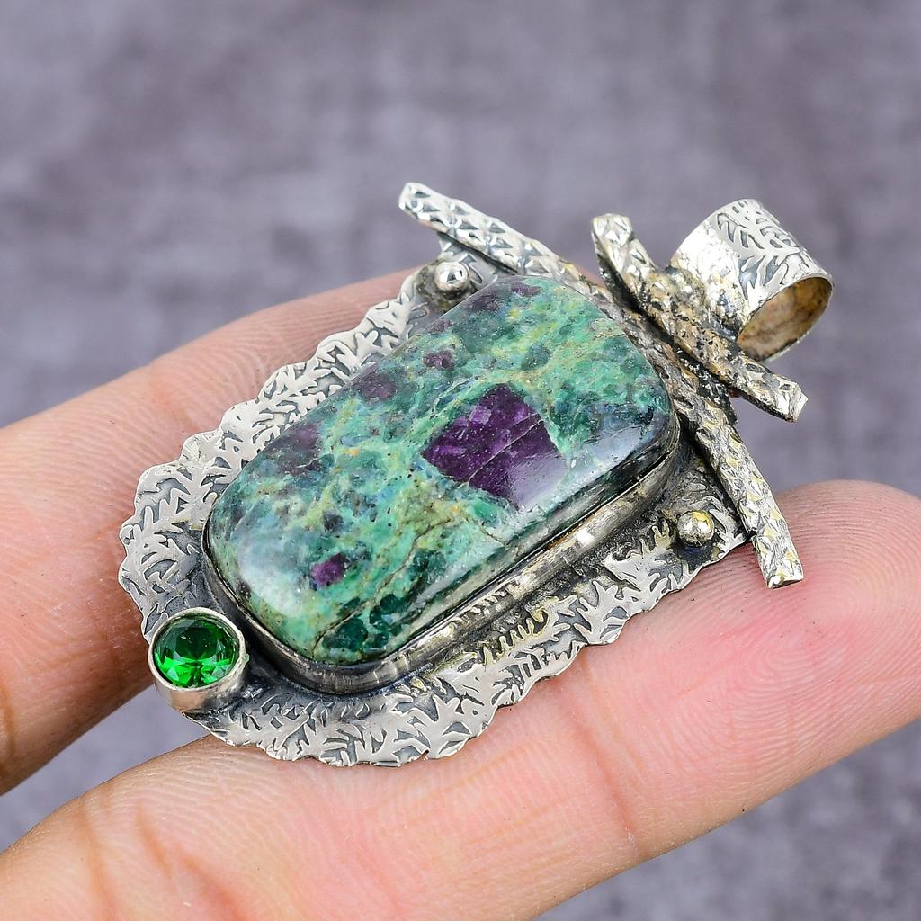 Ruby Fuchsite,Diopside Lab-Created Handmade 925 Sterling Silver Pendant 2" P2j70