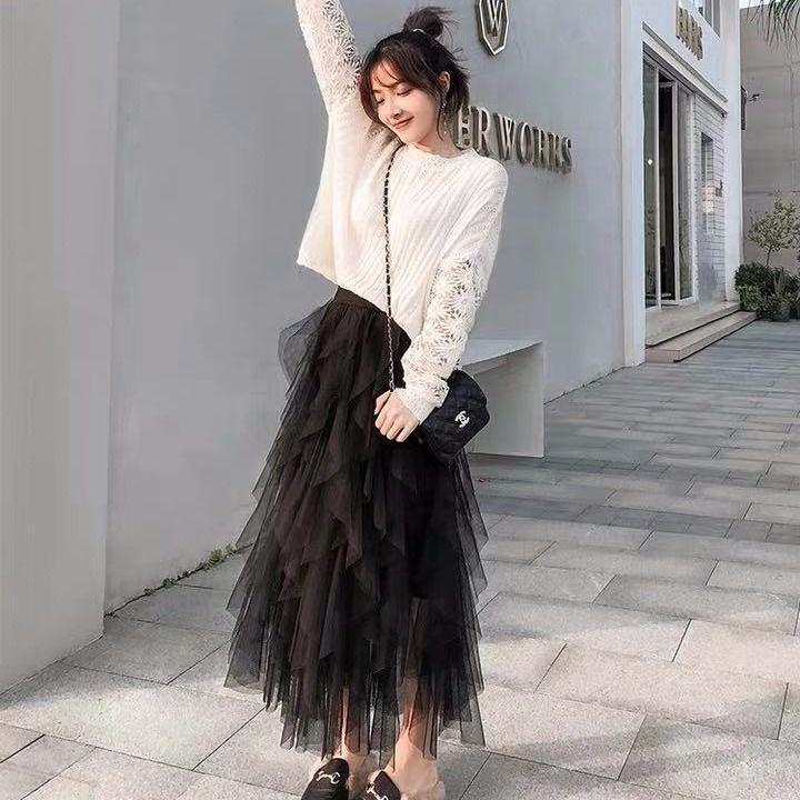 Tulle Skirt Women Long Mesh Skirt Spring Summer Black Pink Net Yarn High Waist Pleated Skirt Female
