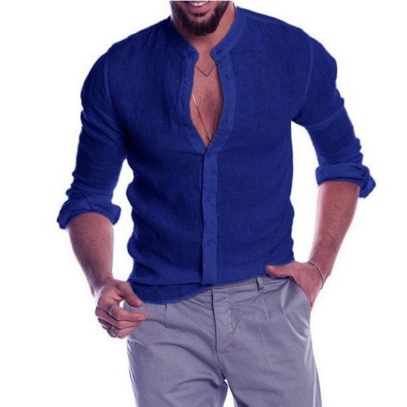 Autumn Winter V-neck Cotton Linen Cardigan Standing Collar Long Sleeved Men's Shirt