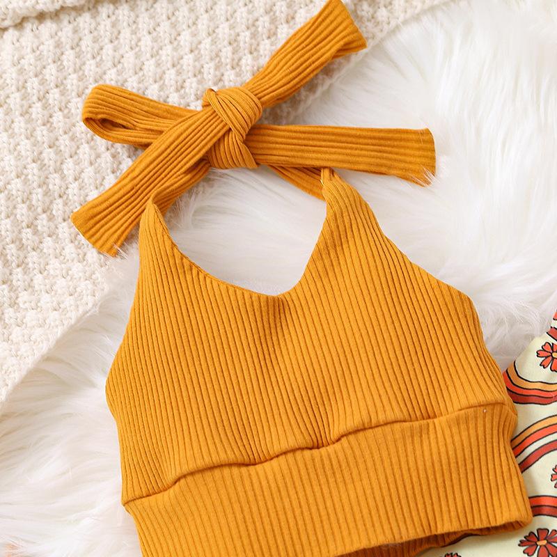 Mädchen Strick-Träger-Rückenfreies Schlauchoberteil + Welle-Blumen-Ausgestellte Lange Hose Herbst Kinderkleidung