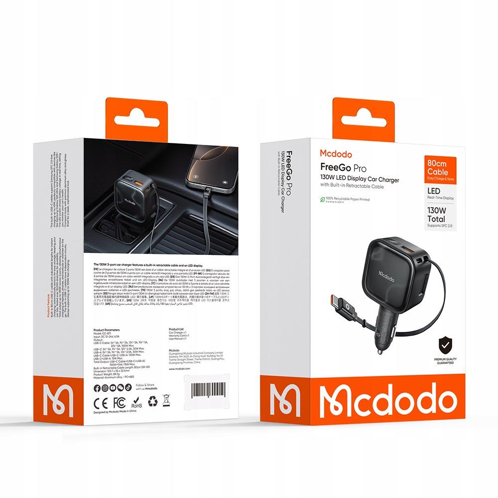 Mcdodo Szybka Ładowarka Samochodowa 3X Usb Usb-C 130W Led Kabel Zwijany 1M