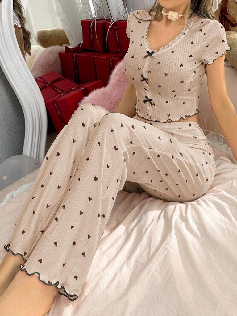 Heart Print V-Neck Short-Sleeve Pajama Set with Long Pants