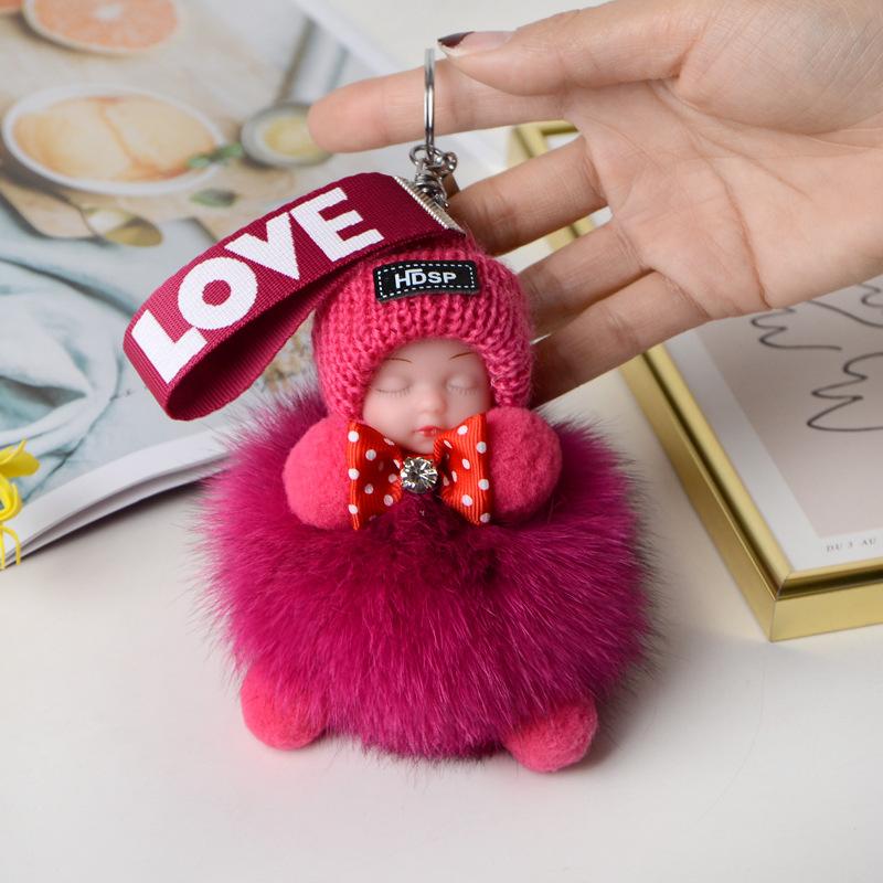 Pompom Sleeping Doll Keychain Cute Fluffy Plush Doll Keychains Women Girl Bags Keyrings Cars Key Ring Gift Charming Decoration