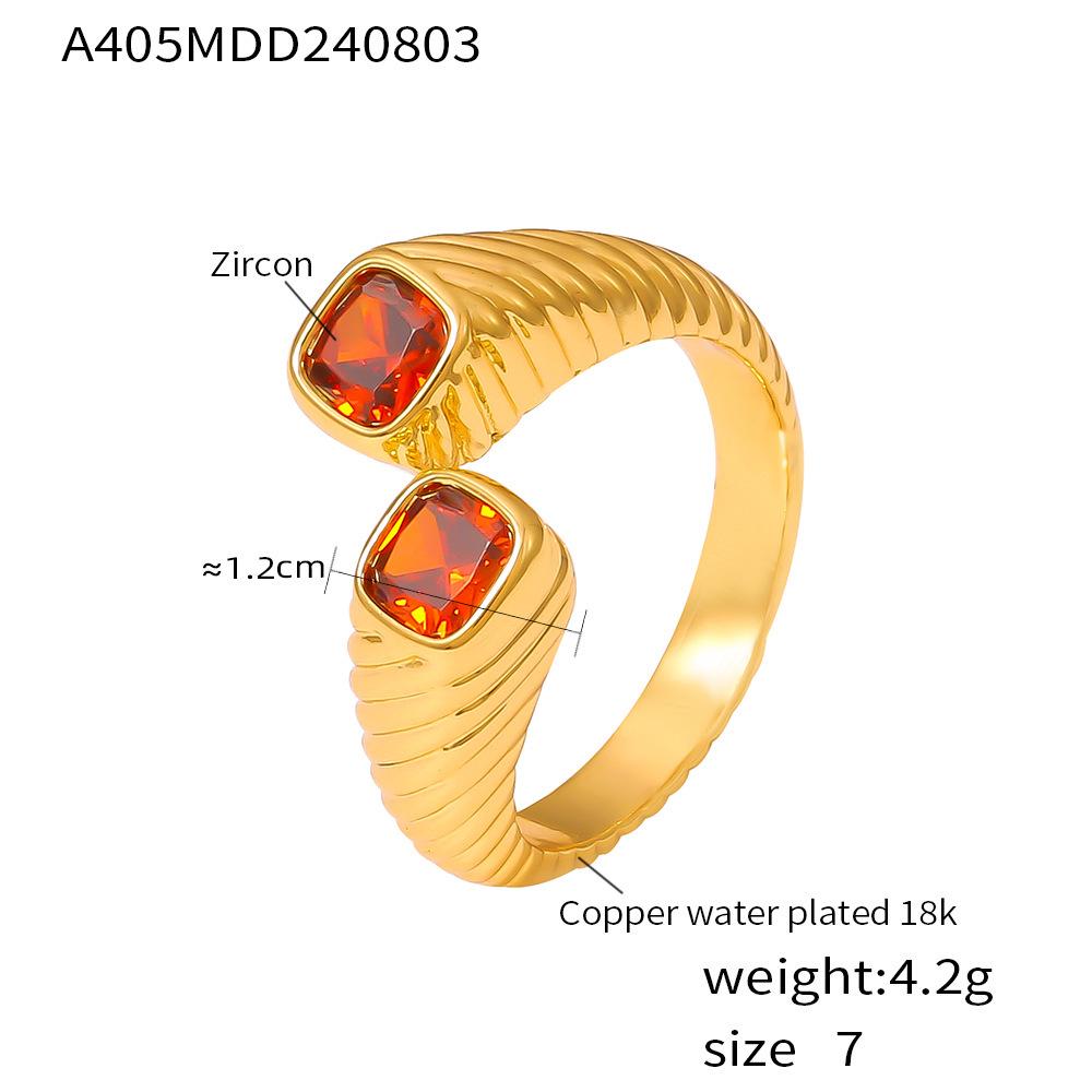Retro Euro-American Geometric Zirconia Ring - Fade-Resistant Red Open Ring, Light Luxury Style, Copper Material Jewelry Size 7