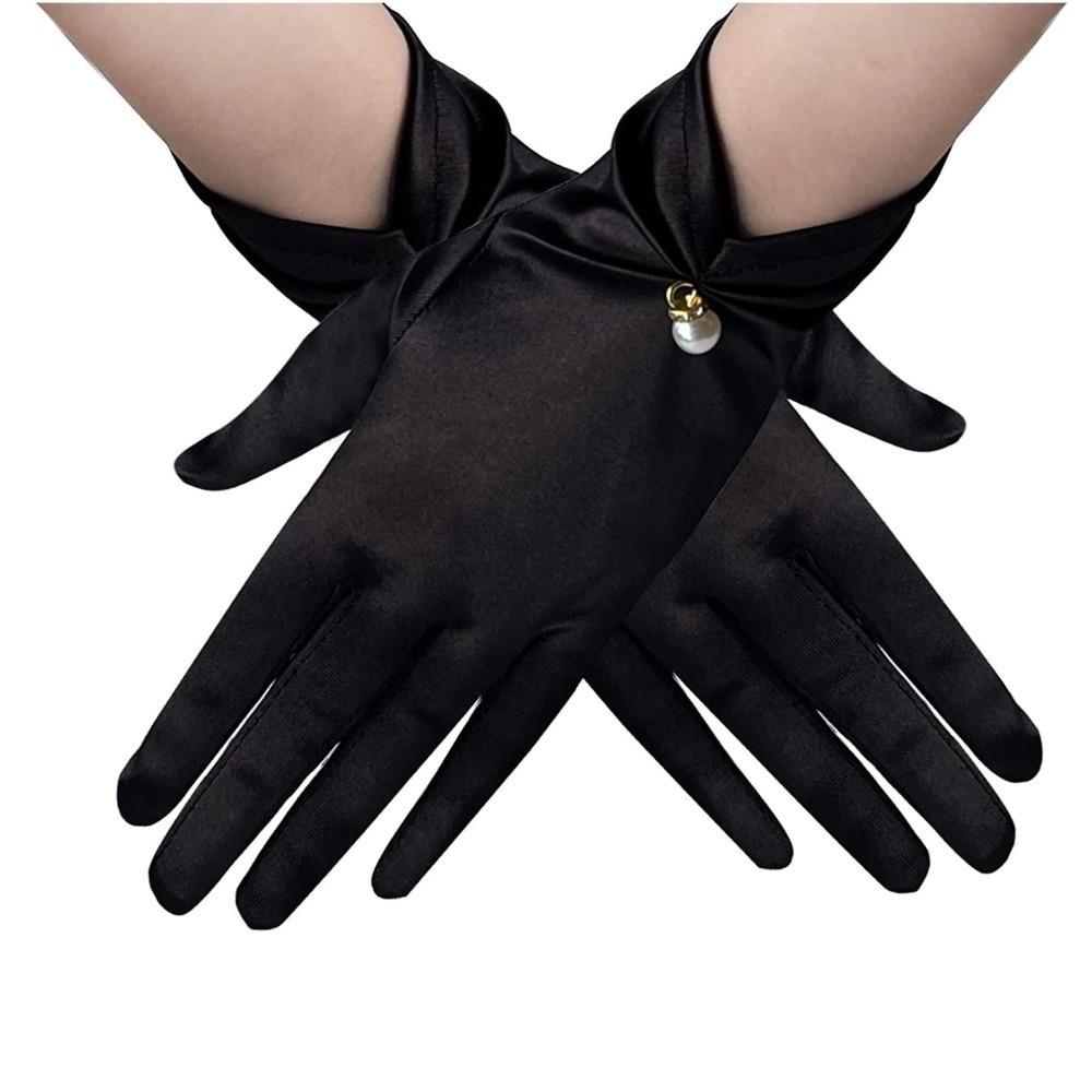 Pearl Decorative White Satin Bridal Gloves Wrist Length Women Silk Gloves Ladies