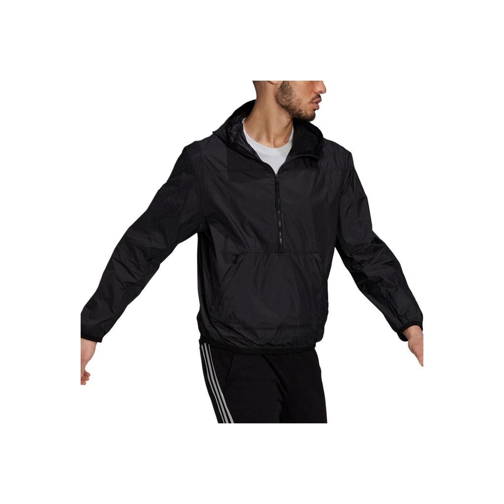 Adidas Solid Color Kangaroo Pocket Half-Zip Detail Hooded Jacket Men Outerwear Black GQ6265