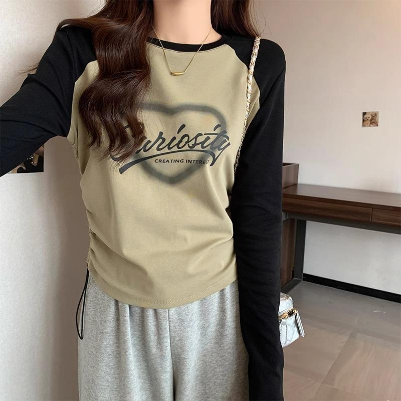 Kadın sonbahar ve kış yuvarlak yaka renk bloklu reglan uzun kollu retro büzgülü bel kısa üst kadife iç katmanlı