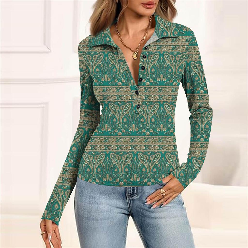 Women's Fashion Casual Printed V-Neck Long Sleeve Button-Down Top
