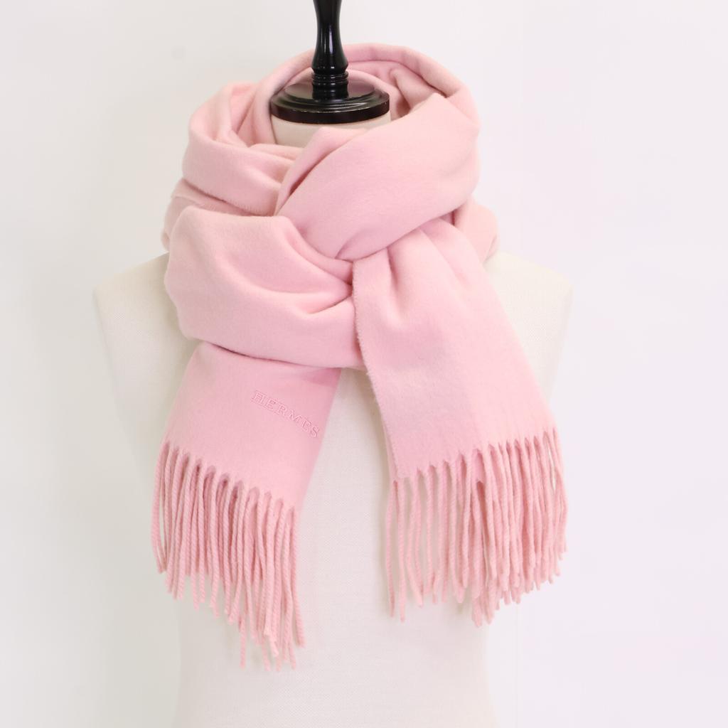 HERMES Embroidered logo, cashmere, fringe Scarf pinkUsed