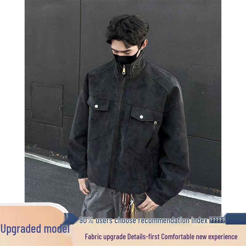 SWAMP AREA Matte Velvety PU Leather Men's Retro American Workwear Jacket - Autumn/Winter Style