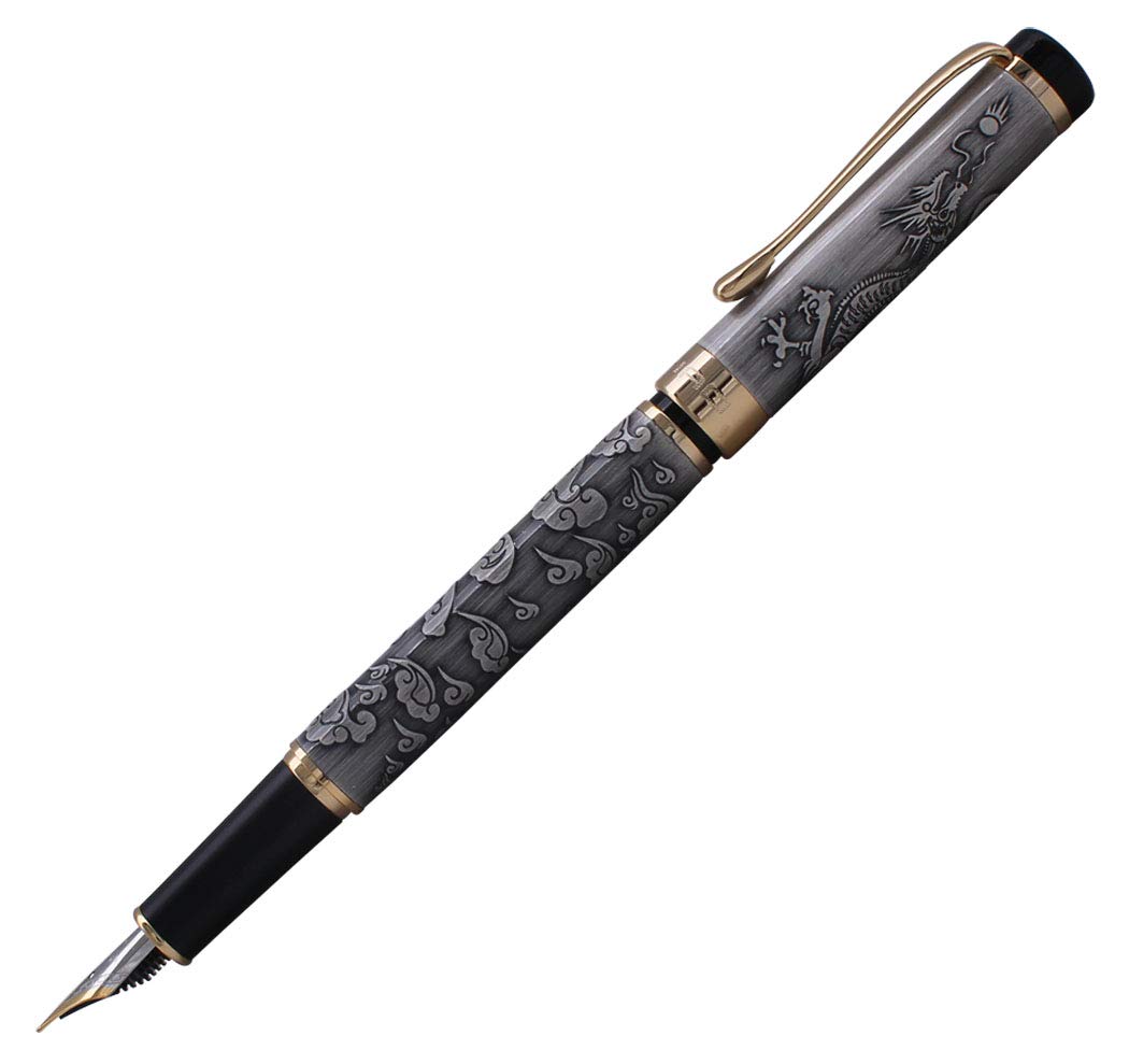 Gullor Fountain Pen with Gift Box, Cloud and Dragon Engraving, Fine Nib, Gray