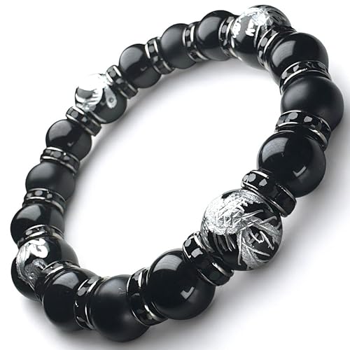 [BLESSING M'style] Natural Stone Power Stone Bracelet, Four Gods Bracelet, Morion, Matte Onyx, Silver-Engraved Onyx, Includes Luxury Suede Drawstring
