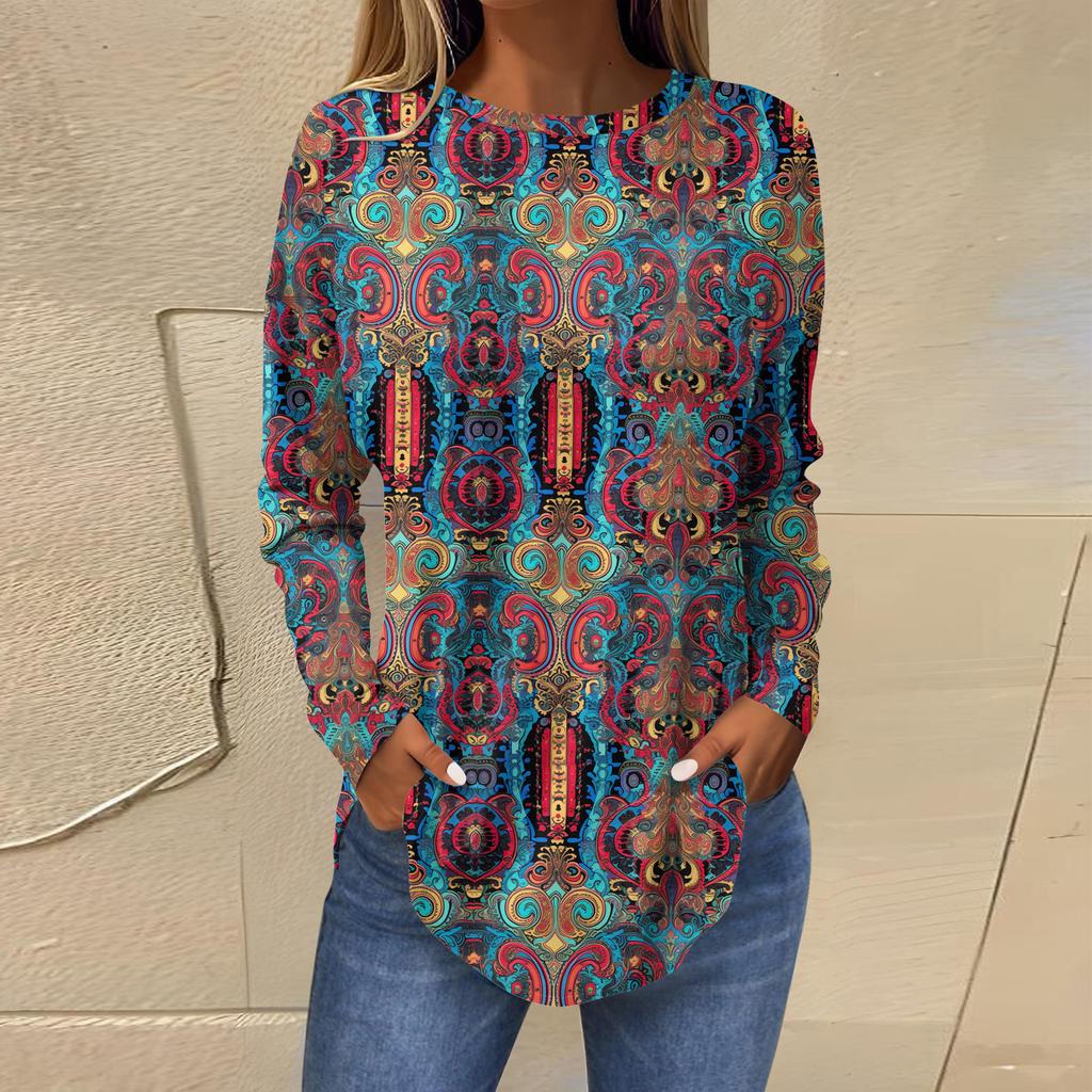 Shirts For Women Cute  Vintage Pattern Print T-Shirt Long Sleeve Tunic Tops Cotton Pullovers