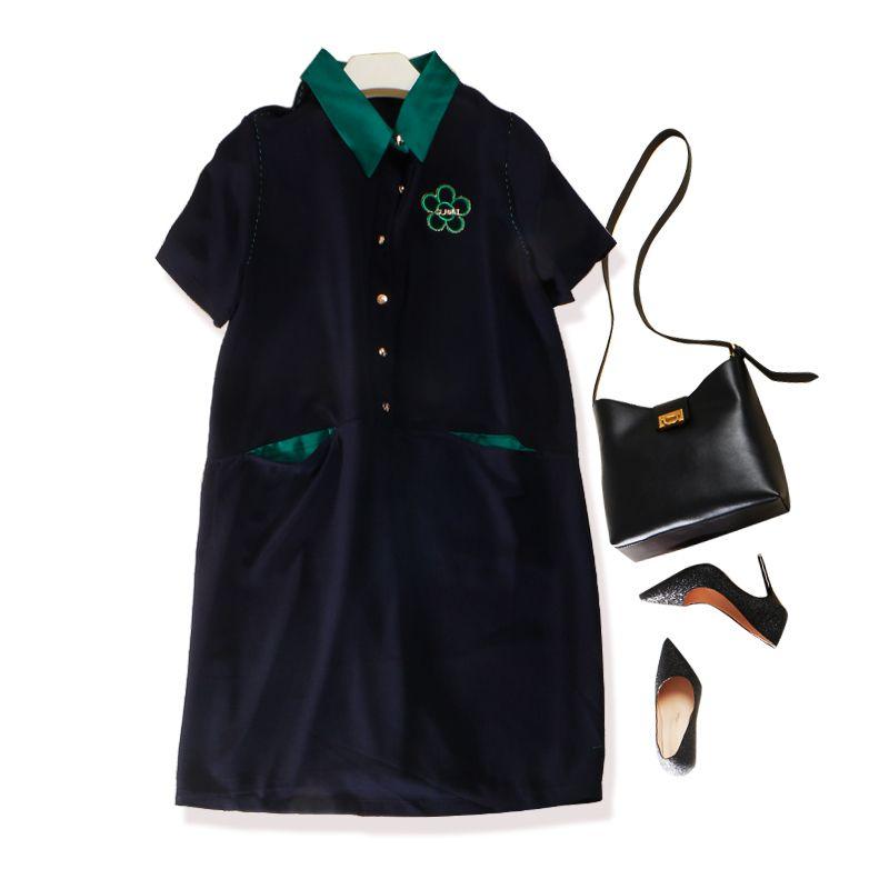 

Fresh Island Single Ramie Five-Leaf Flower Dress Navy blue 4XL