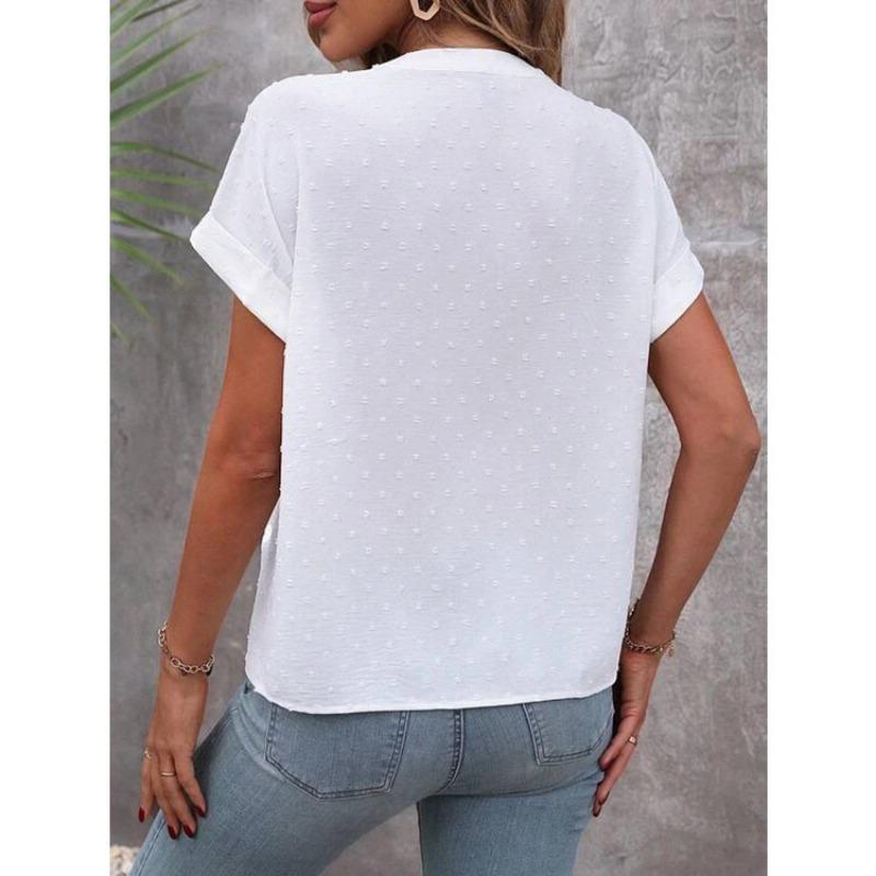 Summer Short Sleeve Office Loose Women Shirts Solid Color Jacquard V-Neck Buttons Fashion Woman's Blouse Elegant Casual Simple Tops Basic Clothing