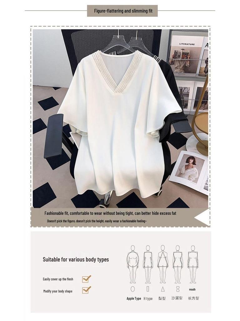 Women's Plus Size V-Neck Chiffon Short Sleeve Mid-Length Loose T-Shirt 