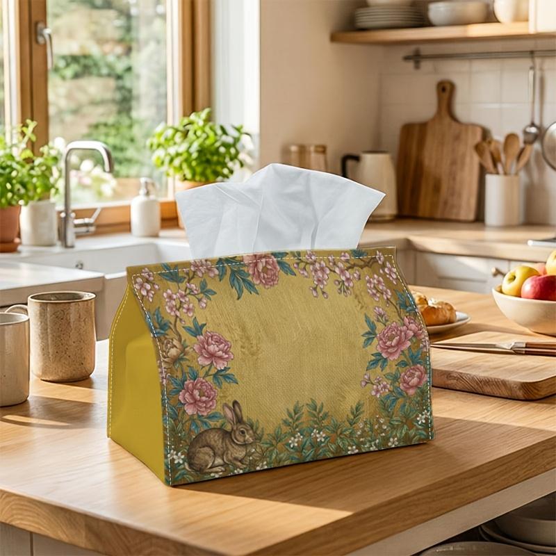 1pc Woodland Rabbit Floral Tissue Box - Multi-functional Napkin Dispenser, Two Sizes Available Made of Durable Polyester, Decorated with Vintage Sprin