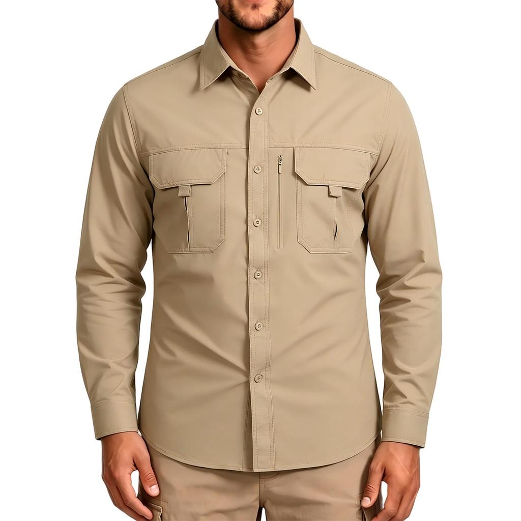 Men's Vintage Loose Fit Casual Work Shirt Long Sleeve Button Down Outdoor Utility Shirt with Multiple Pockets and Durable Fabric