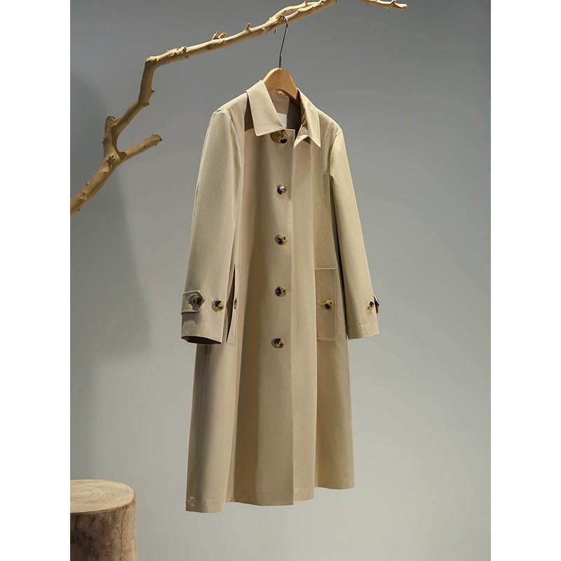 Womens Mid-Length Water-Resistant Wrinkled Trench Coat Cotton Blend Long Sleeve Single-Breasted Office Chic