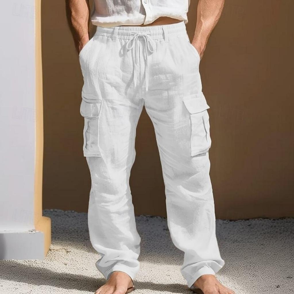Men's Cotton Linen Cargo Pants Loose Fit Straight Leg with Multiple Pockets for Casual Wear