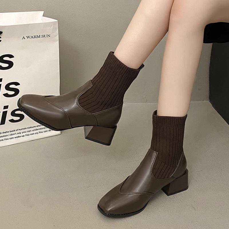French Autumn and Winter Knitted Tube Thick Heel Short Boots Women's Medium Heel Thin Boots Brown Bare Boots Martin Boots Elastic Socks Boots
