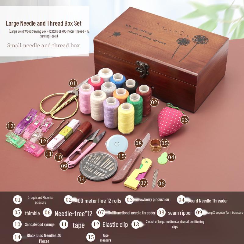 High-Quality Solid Wood Sewing Box: Complete Needle & Thread Set for Home, Weddings, Dorms