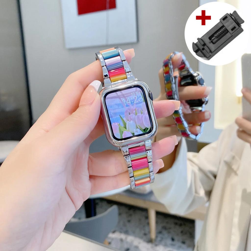 Luxury Women Resin Strap For Apple Watch Ultra 3 2 49mm 42mm 46 41 45 38 40 44mm Metal Bracelet for iWatch 11 10 9 8 7 6 SE Band