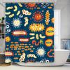 Modern Bathroom Shower Curtain Featuring Microbes Pattern Blue Backdrop with Red, Yellow White Stripes Decorative Waterproof F