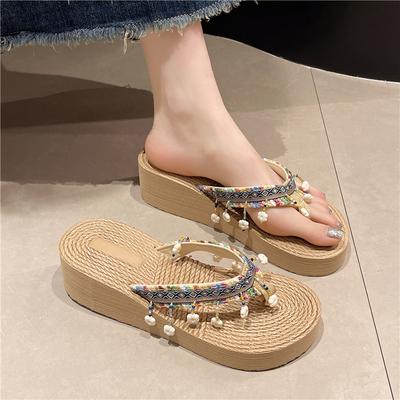 New Women's Beach Slippers Women's Summer Fashion Outer Wear Thick Bottom Slope Heel Flip-flops Seaside High Heel Cool Slippers