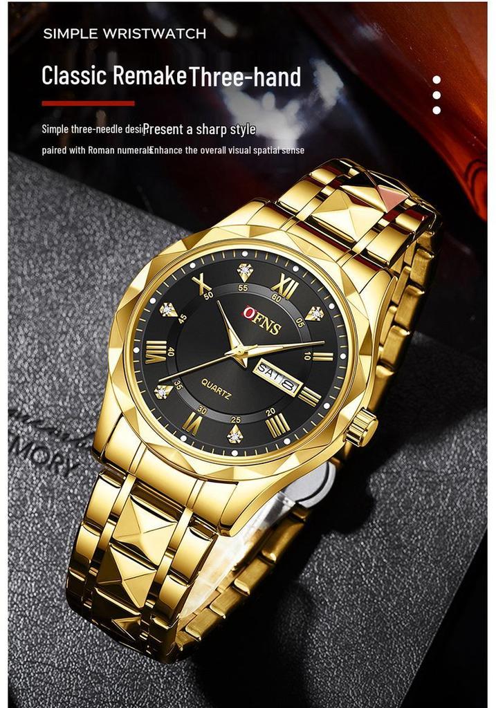 OFNS Herren Quarz Business Uhr: 3D Römische Ziffern, Doppelkalender, Wasserdicht, Edelstahlarmband.