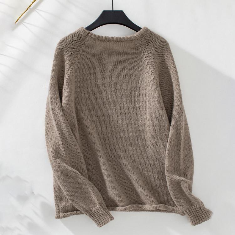 Vintage O Neck Solid Color Long Sleeve Loose Knitwear Cardigan Sweater Top for Autumn Winter