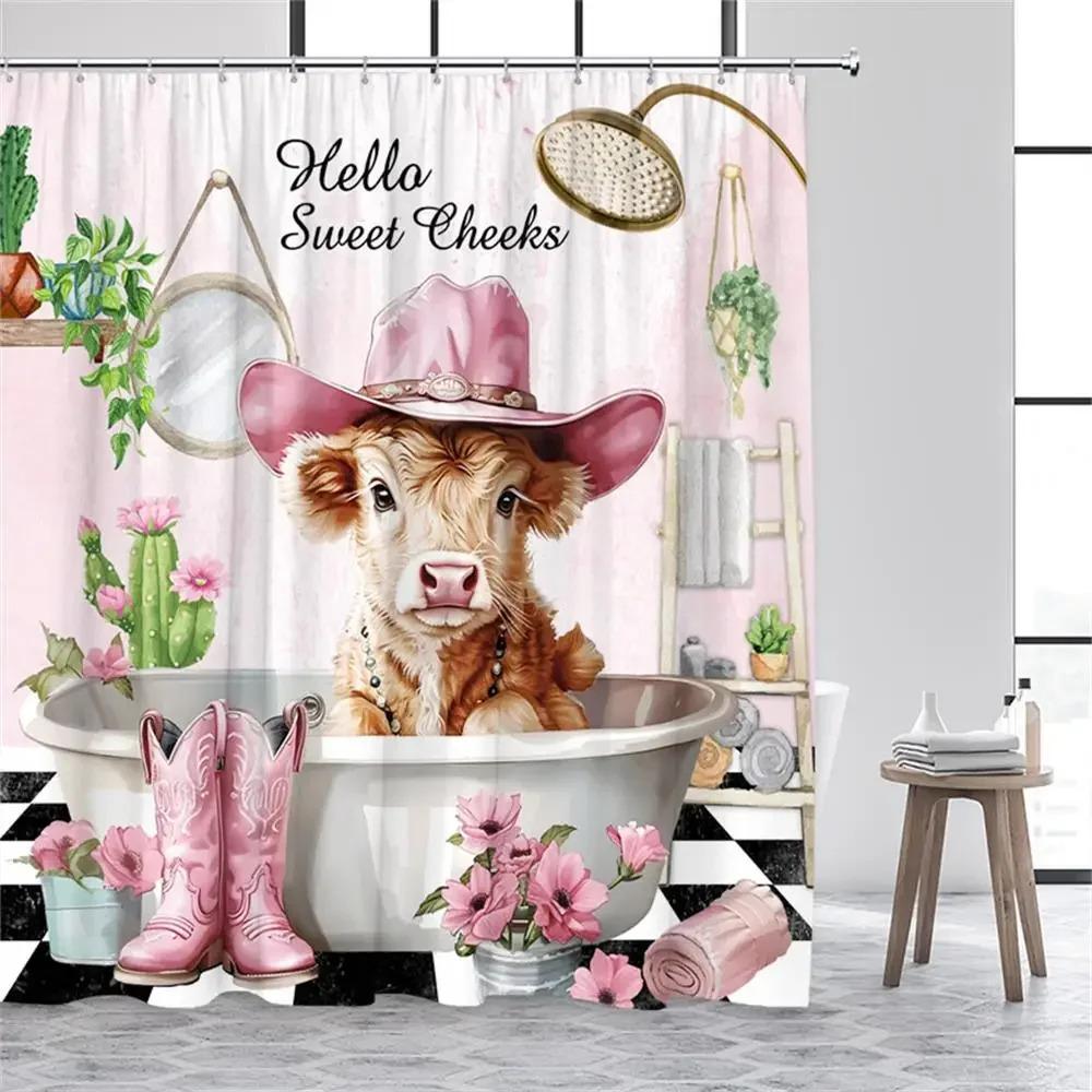 ZYJ01Bathing Highland Cattle Shower Curtains Funny Farm Animal Cactus Plant Pink Bath Curtain Set Polyester Bathroom Decor w7Dc