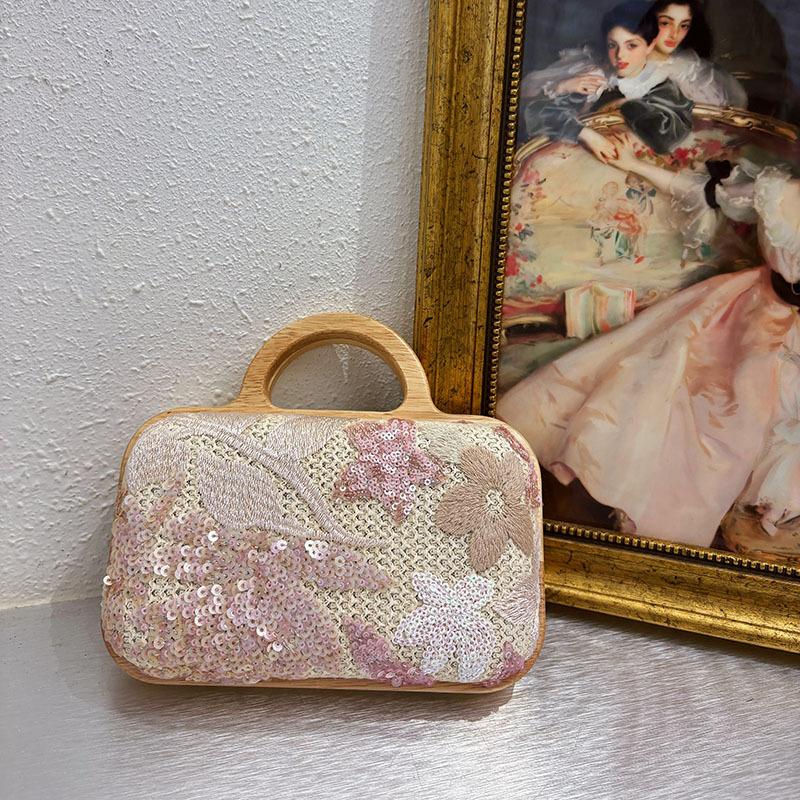Embroidery Sequins Wooden Clip Box Bag Handbag Luxury Flower Applique Evening Bags for Women Party Clutch Shoulder Crossbody Bag