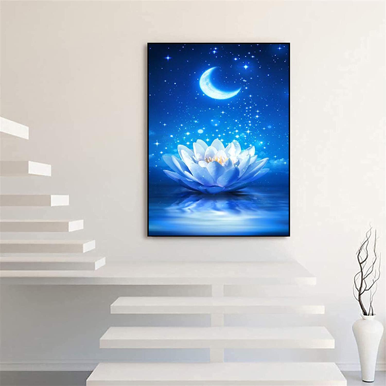 

5D Diy Алмазная картина Голубая Луна и Лотос Набор крестиков Полная Алмазная вышивка Мозаика Художественная картина Стразы Декор Подарок Full Round 20x30cm