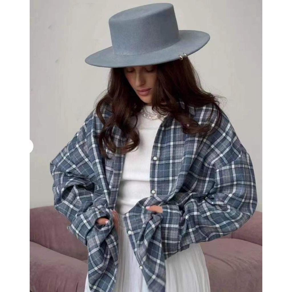 Women's Point Collar Long Sleeve Plaid Shirt Loose Fit Streetwear Blouse With Chest Pocket Spring Casual Oversized Tunic Shirt