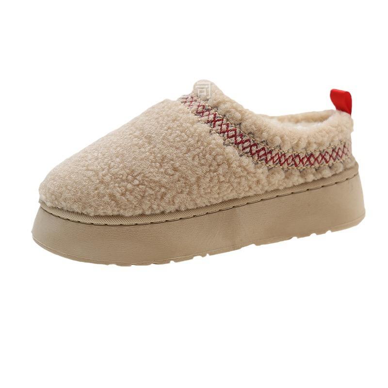 Thick-soled snow boots for women's new winter models, thickened warm lace, fluffy half-drag, one-pedal cotton shoes