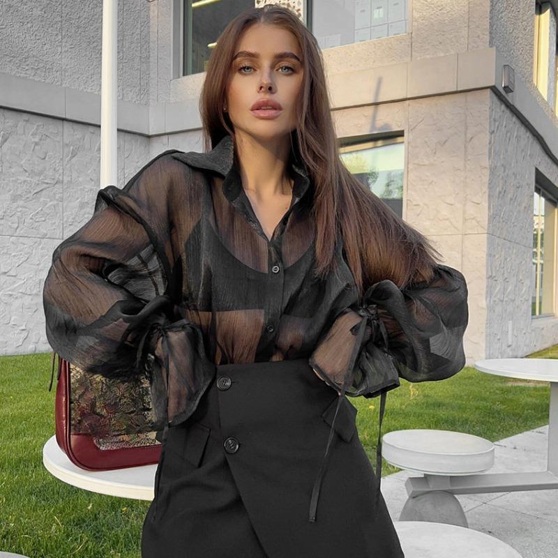 Móda Sexy Průhledná Ležérní Volná košile Ženy Vintage Nafouknutý rukáv Šněrovací Dámské Dámské halenky Elegantní Tenké letní topy Dámské oblečení 26255