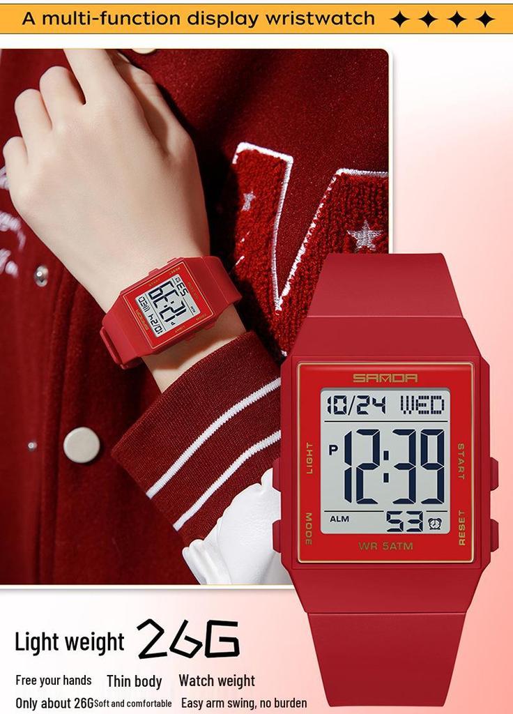 Sanda Lightweight Minimalist Sports Watch: Multi-functional Square Electronic Wristwatch for Men and Women